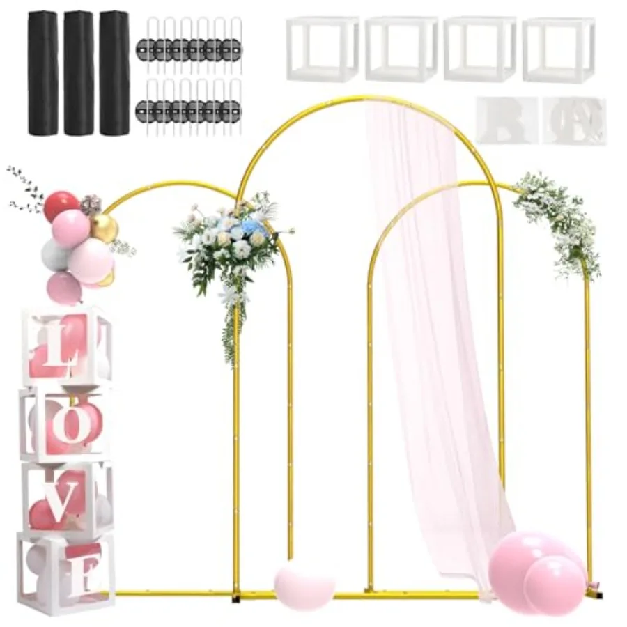 

Metal Arch Backdrop Stand for wedding/birthday/baby shower/graduation, gold, 7.2 ft/6.6 ft/6 ft square frame set of 3, lightwei
