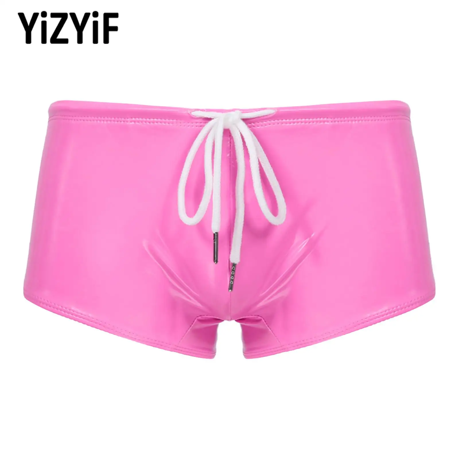 New Mens Wet Look Patent Leather Swimming Trunks Low Rise Drawstring Boxer Shorts Party Dating Night Costumes Clubwear Swimwear