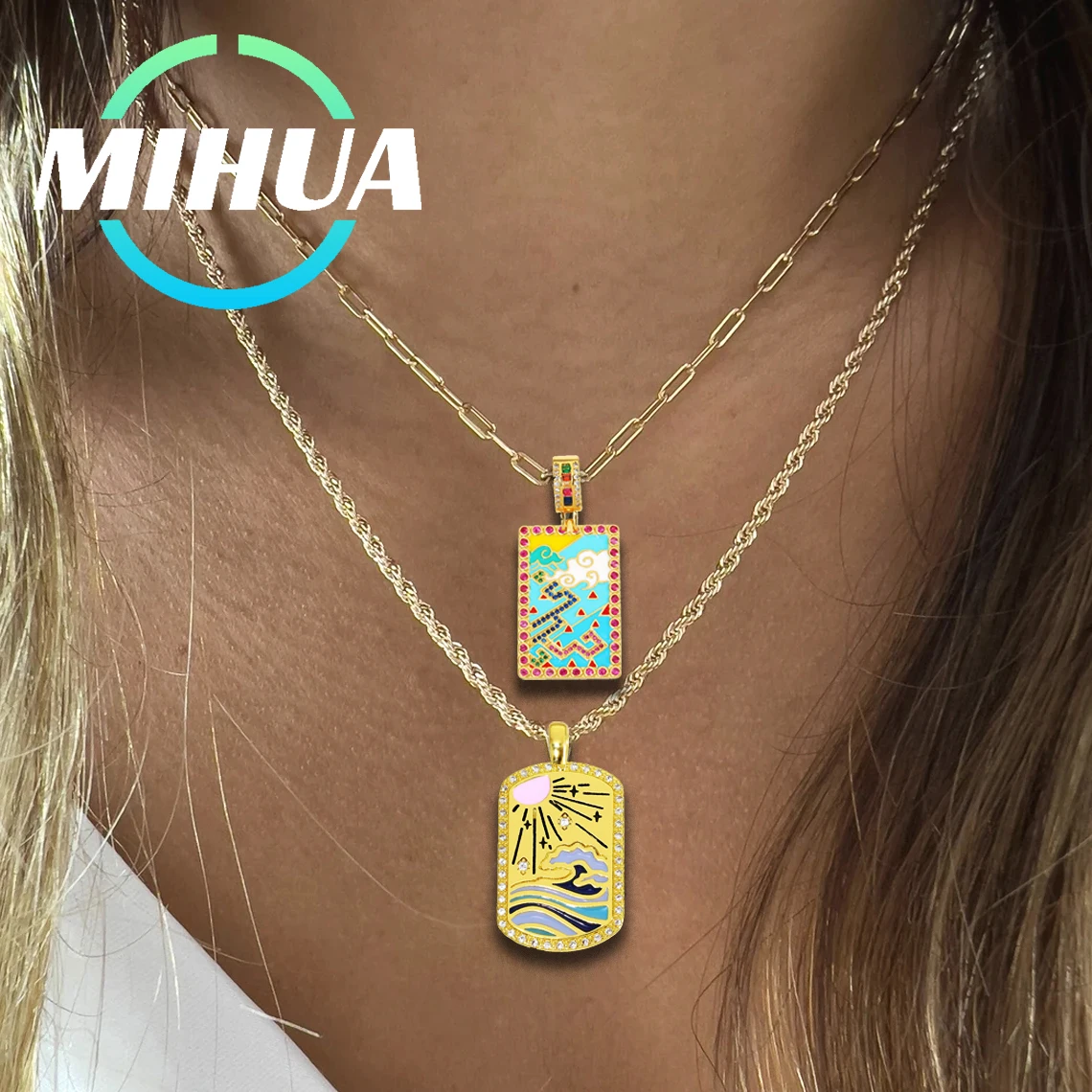 MIHUA 18K Real Gold Plated Geometry Style Enamel Necklaces Pendant Colorful Cubic Zirconia Handwork Talisman Evil Eye Jewelry