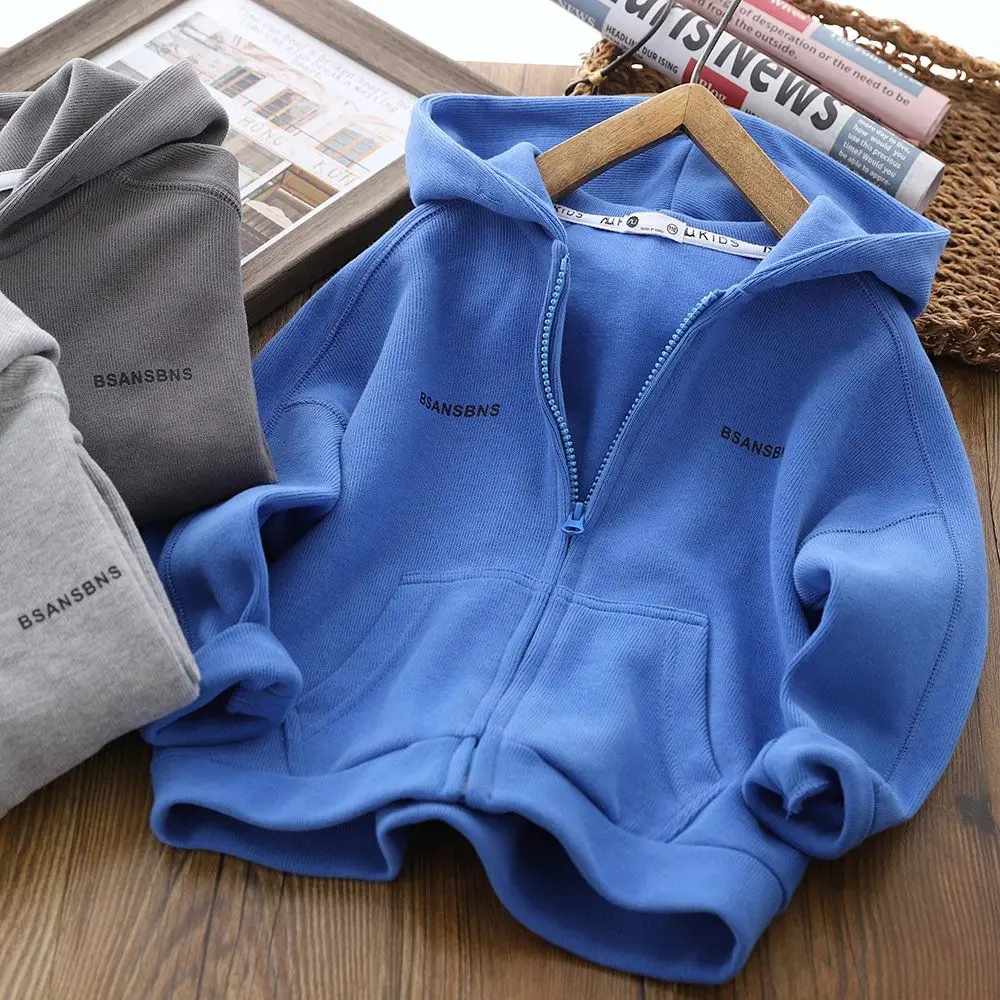 

Boy Hooded Coat Spring and Autumn New Children's Sports Top Loose Long Sleeve Medium and Big Children Zip-up Shirt Jacket