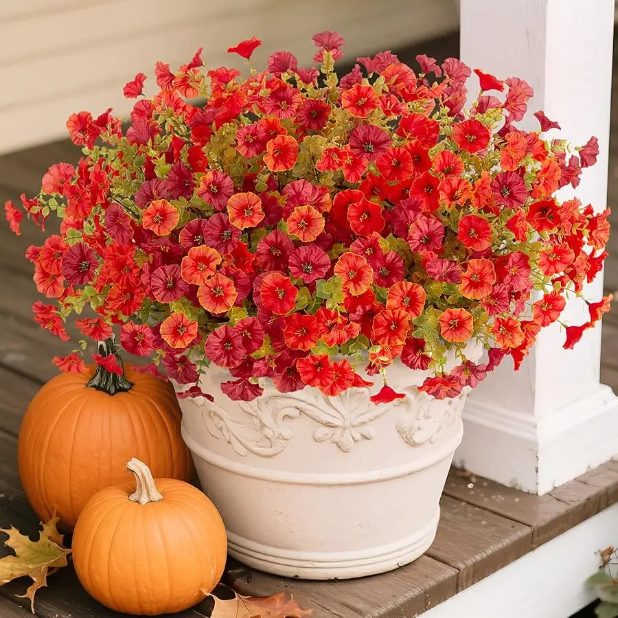 

Fall Artificial Flowers for Decoration, 12 Bundles Fake Mums Autumn Flower Plants Petunias, Faux Silk Morning Glory Eucalyptus f