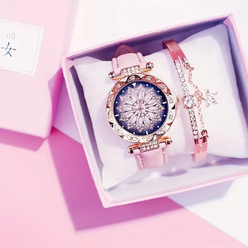 

Flower Fashion Quartz Watch Luxury Rhinestone Analog PU Leather Wristwatch & 1pc Bangle Bracelet, Gift For Women Girls Her