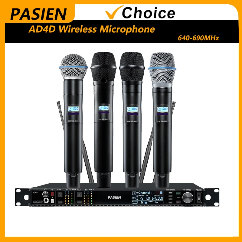 PASIEN AD4D 2-Channel UHF True Diversity Cardioid Metal Handheld Microphone Wireless System Stage Show b58a ksm9 Professional