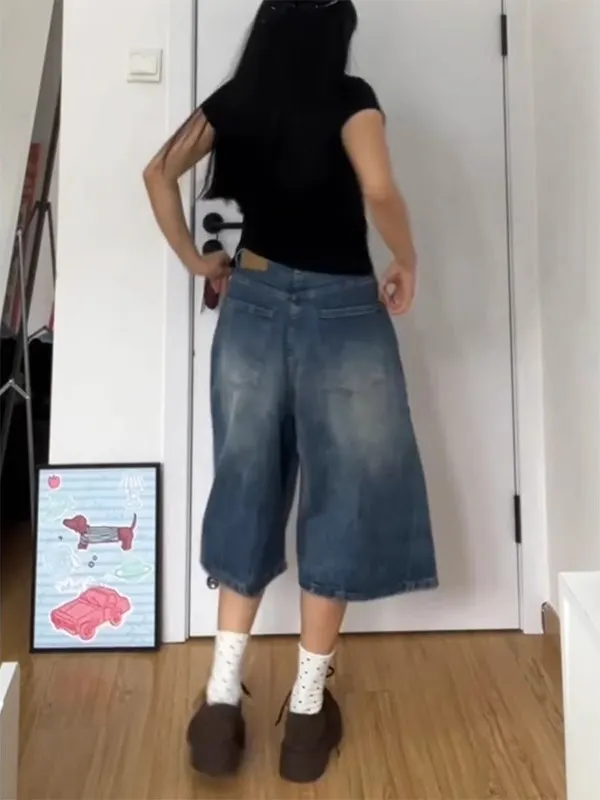ハイウエストワイドレッグデニムショーツ女性の夏の新スタイルルーズフィットライトニングパターンストレートカット7インチショーツ