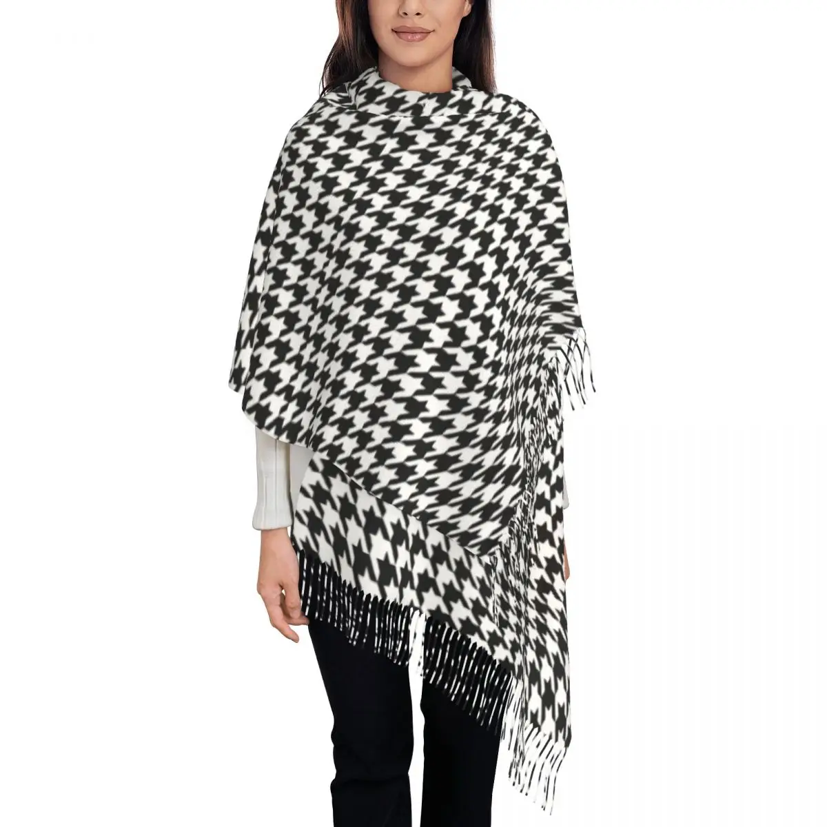 

Keep Warm Scarf Autumn Houndstooth Shawl Wraps Black And White Abstract Art Designer Foulard Womens Retro Head Scarves