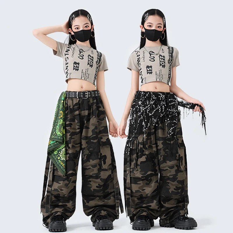 

New Children Ballroom Hip Hop Dance Costumes For Girls Crop Tops Camouflage Pants Street Dance Wear Jazz Dance Clothing DQS19260