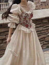 French Vintage Print Floral Dress Women O-neck Elegant Evening Party Midi Dress Female Puff Sleeve Korea Fairy Dress Summer 2023