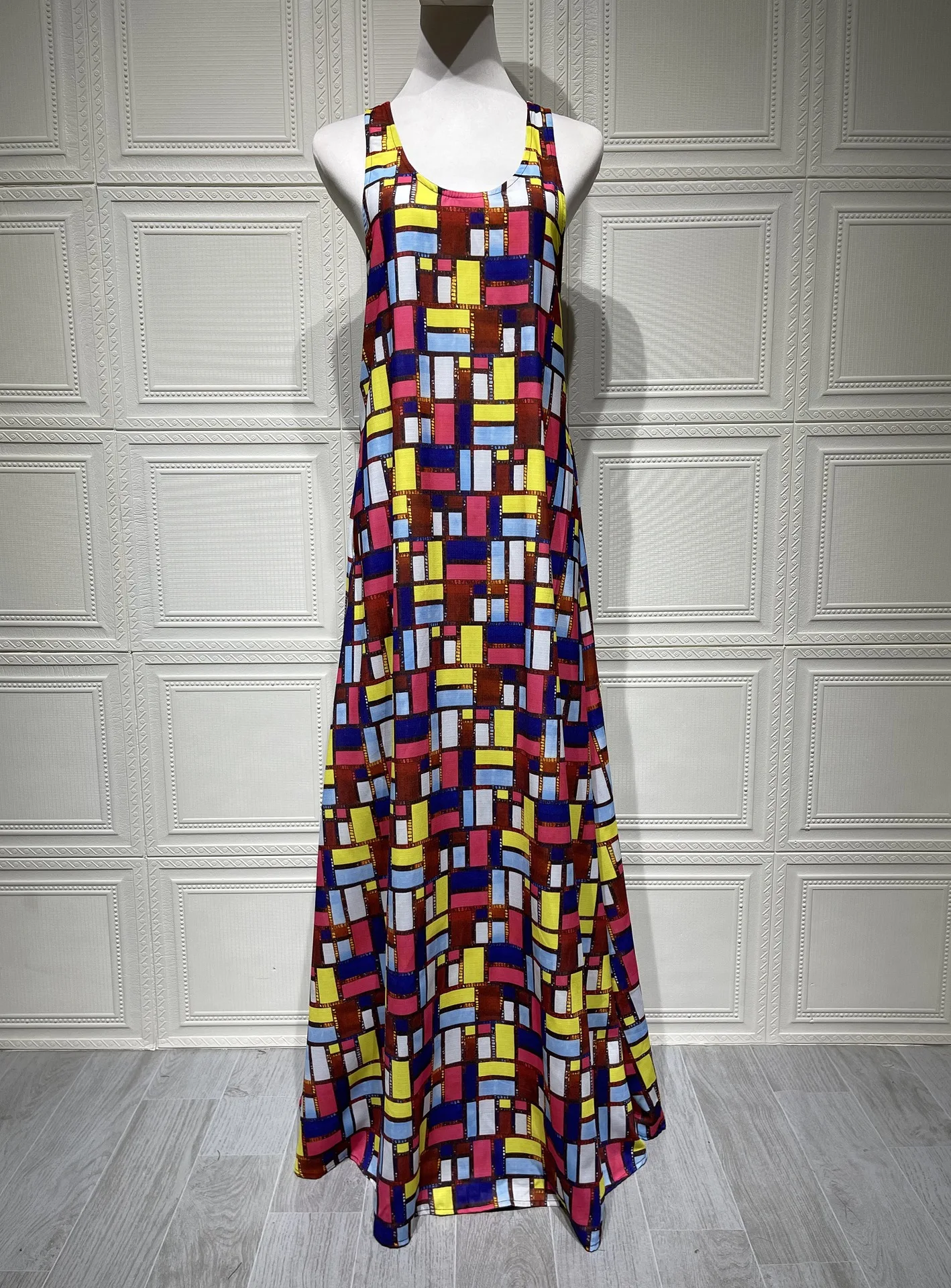 Colored Squares Sleeveless Long Dresses Women Fashion Sexy U-neck Pocket Loose Maxi Dress Summer Lady Vacation Commuting Vestido - Image 5