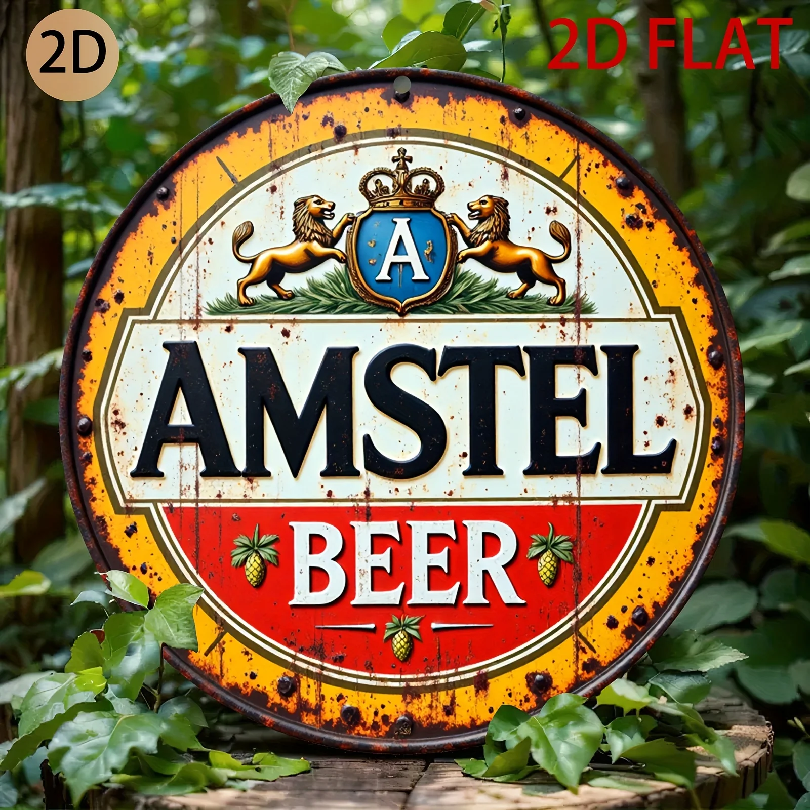 Letrero metálico circular 2D con diseño retro de la cerveza Amstel, arte de pared con temática de bar para el hogar, pub o comedor, perfecto para la habitación.