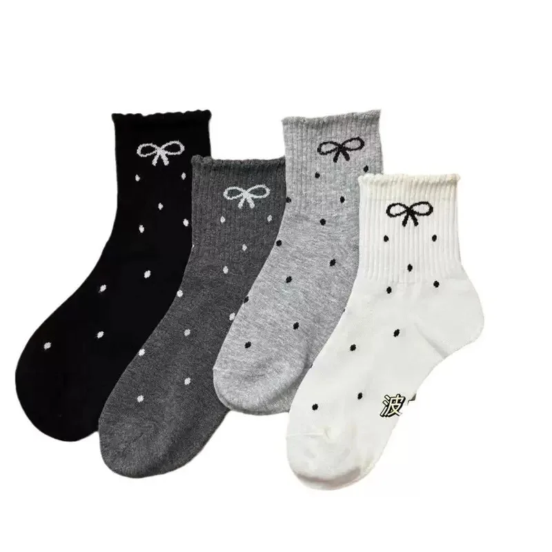 4 пары осенних новых женских хлопковых носков до щиколотки в корейском стиле с бантом в горошек