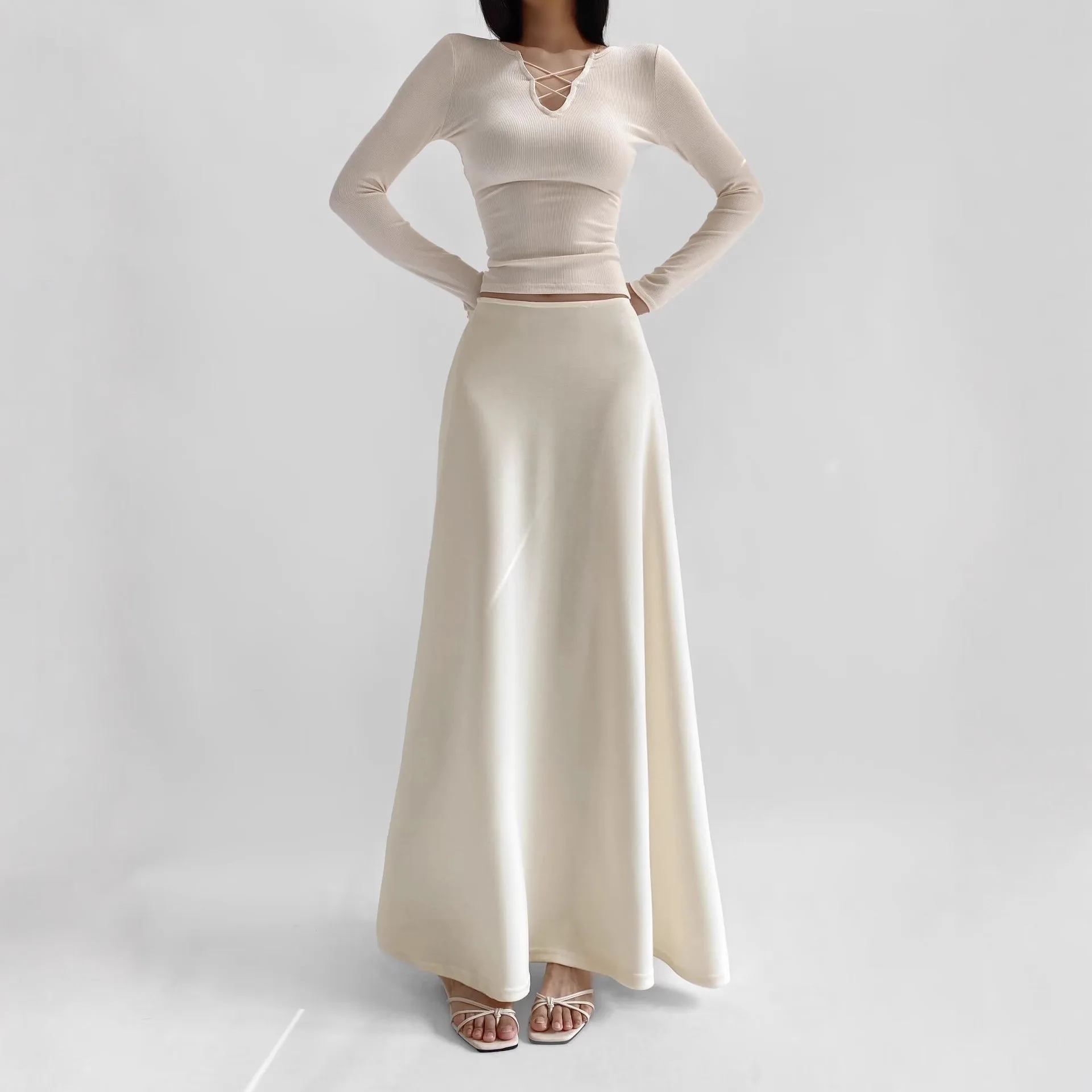 

Spring Summer Elegant Slimming Half-length Skirts AUTUMN High Waist Draped Acetate Long Skirt Women's A- Line Long Skirts