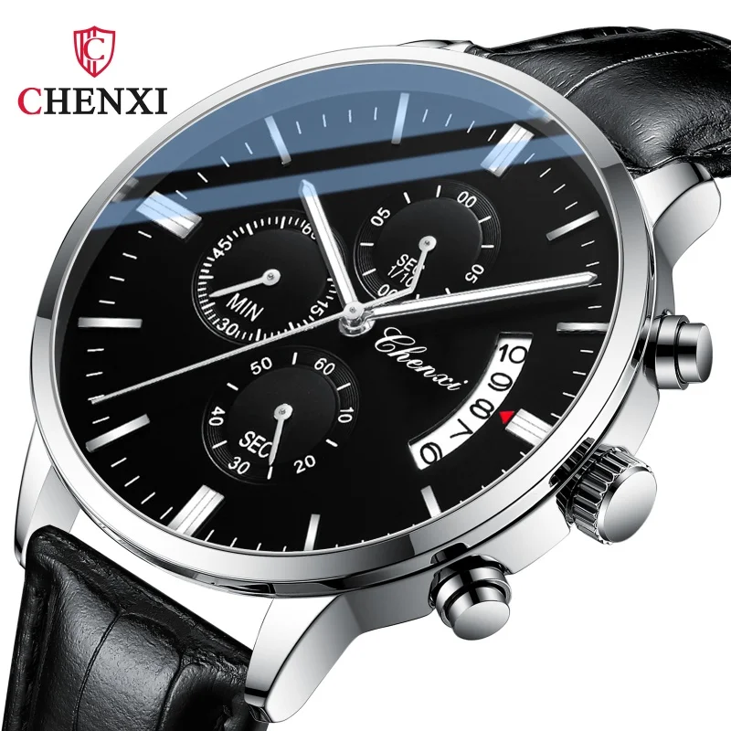 CHENXI 907 Elegant Men's Quartz Watch Multifunction Chronograph Luminous Calendar Waterproof Leather Strap Fashion Men Watches