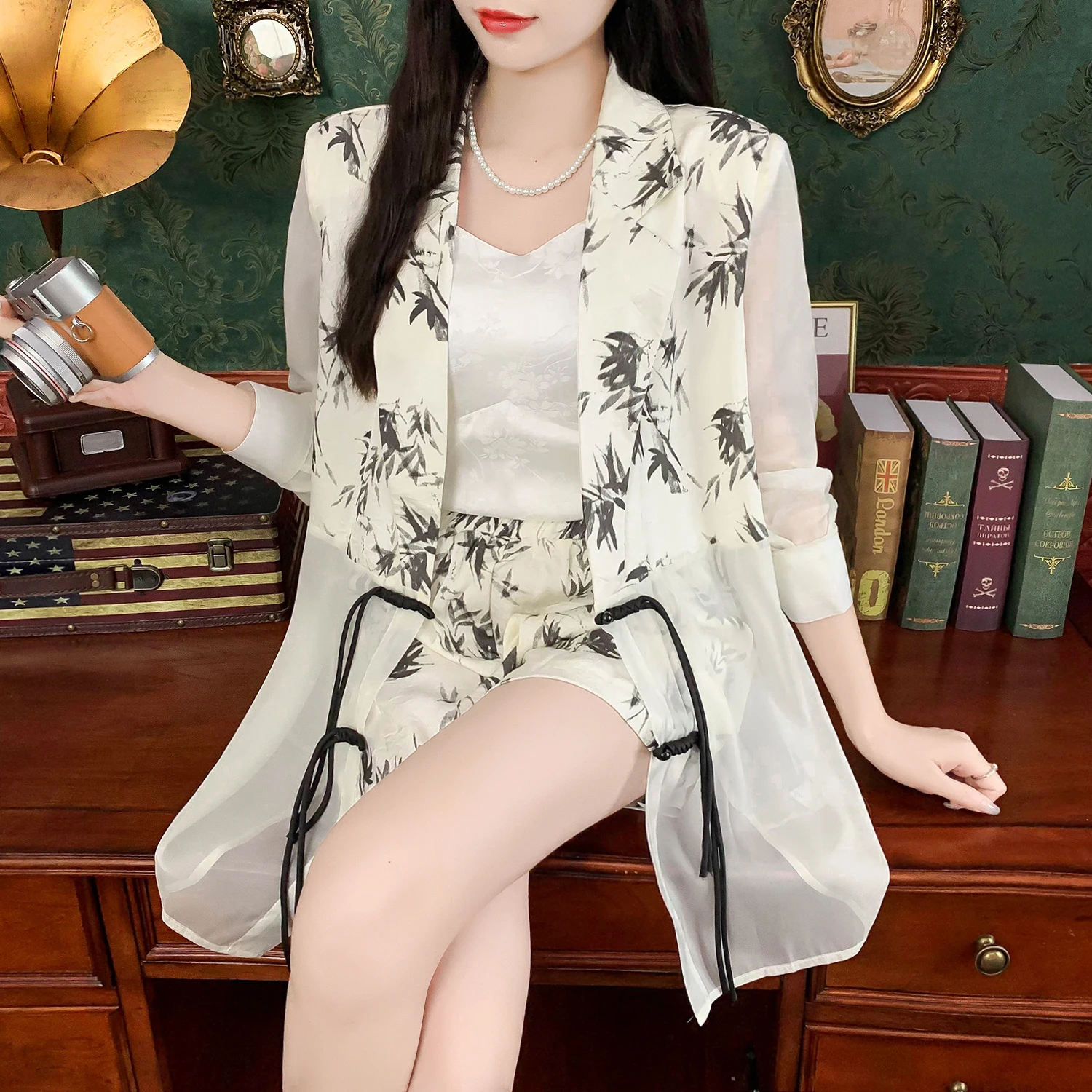 2024 Summer New Women Ink Painting Improved Cheongsam Dress Blazer Long Tops and Shorts Suits Slimming Fashion Set Two OL Work