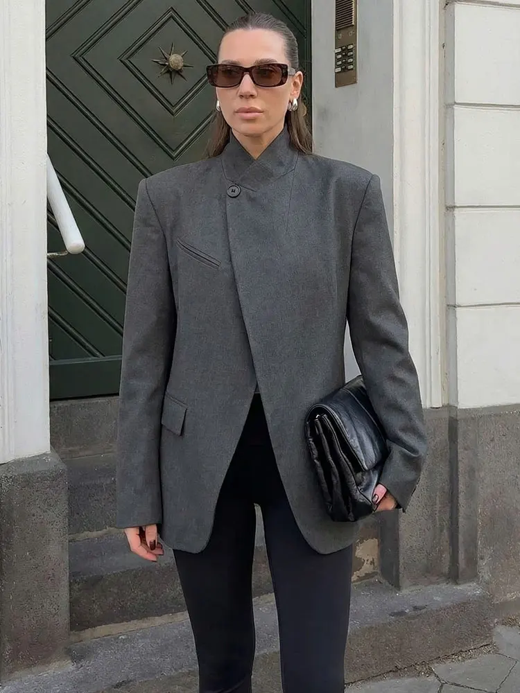 HH Women Elegant Fashion Solid Blazer Coat One Button Stand Collar Long Sleeve Suit Jackets Spring Casual Commuting Outerwear