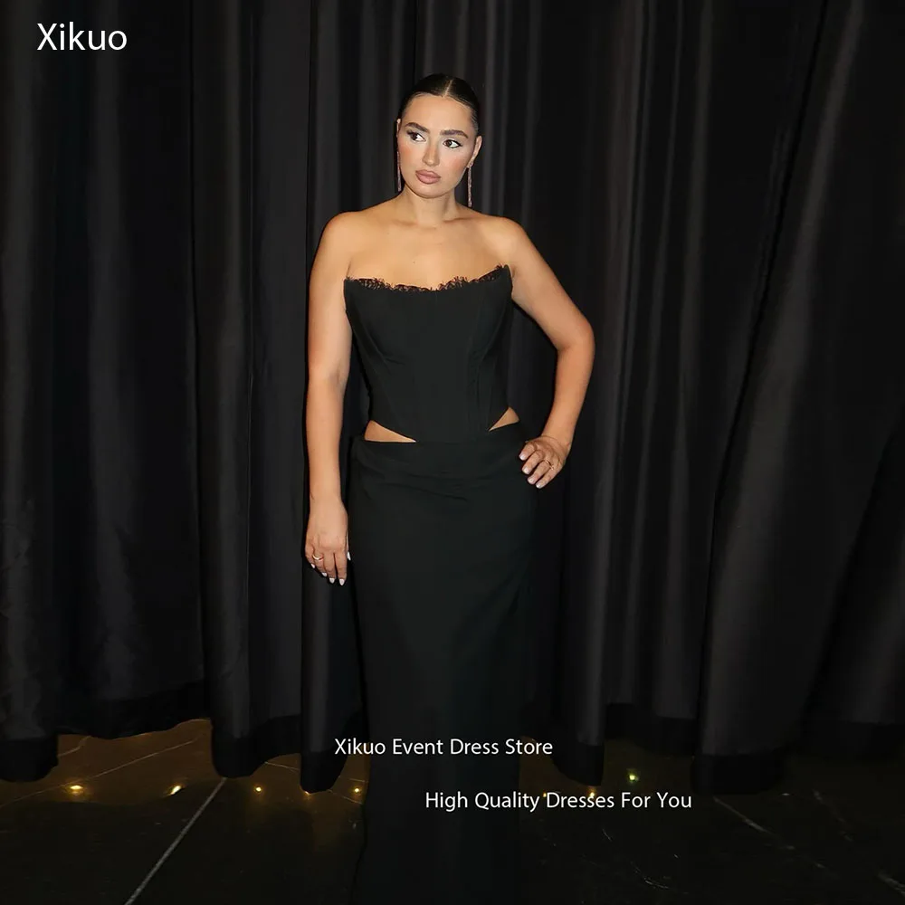 

Xikuo Black Satin Women Evening Dresses 2 In1 Strapless Corset Vestidos De Fiesta Elegant Mermaid Prom Party Dress Customized