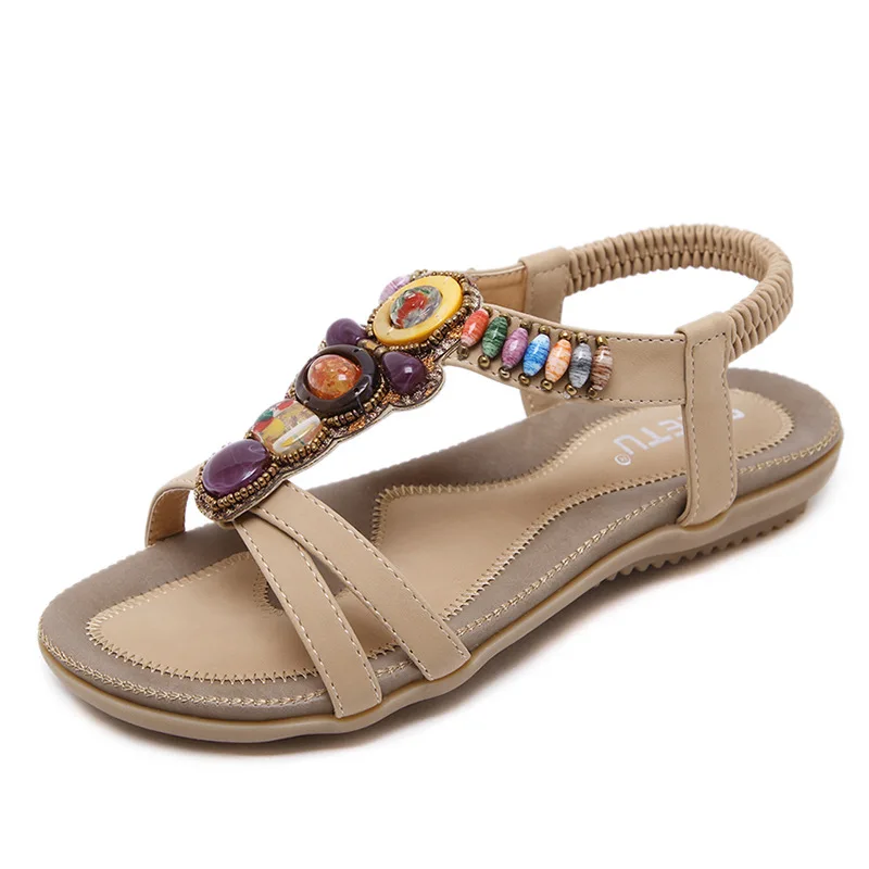 SIKETU Brand Casual Summer 2022 BOHO Beach National Sandals Women Vintage Beaded Jeweled T-strap Shoes Elastic Band Flat Heel 42