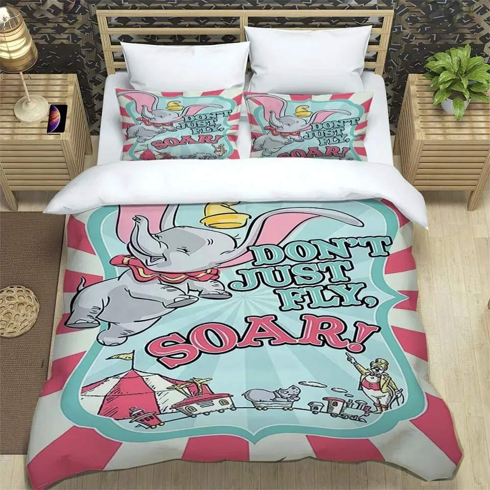 Cute Dumbo Flying Baby Elephant Disney Bedding Set Kids Girls Cartoon Duvet Cover Set Bedding Gift Twin Full Queen Size Bed