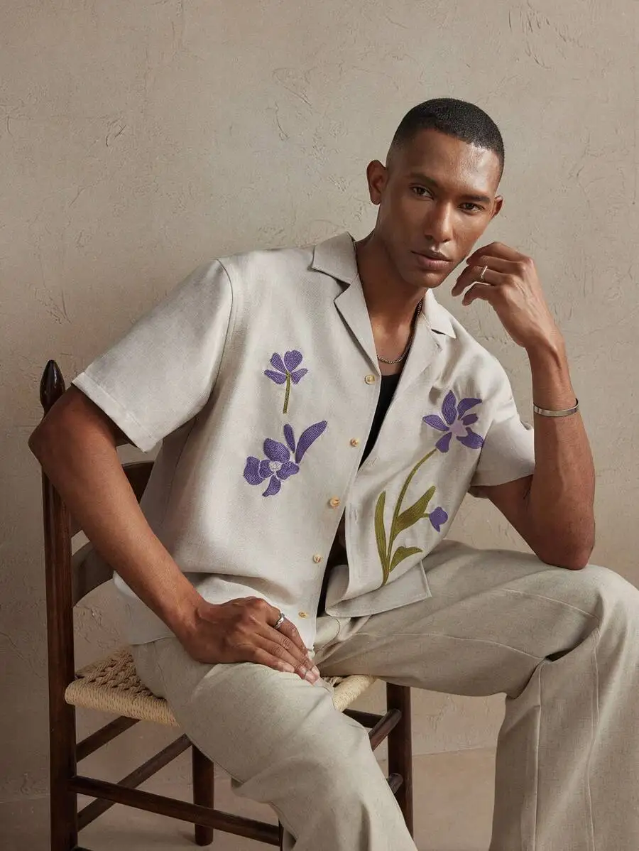 

Men's Loose Fit Linen Blend Floral Embroidered Casual Shirt for Spring Summer