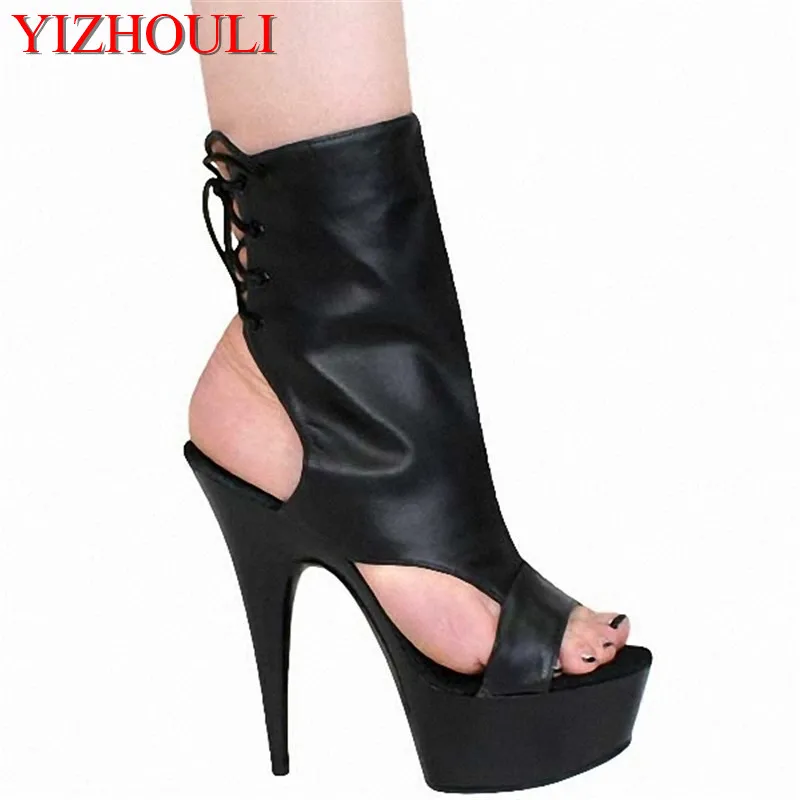 Sexy woman's open toe boots, summer high heel boots, fashion lace-up, ladies 15 cm heel high stage show ankle dance shoes