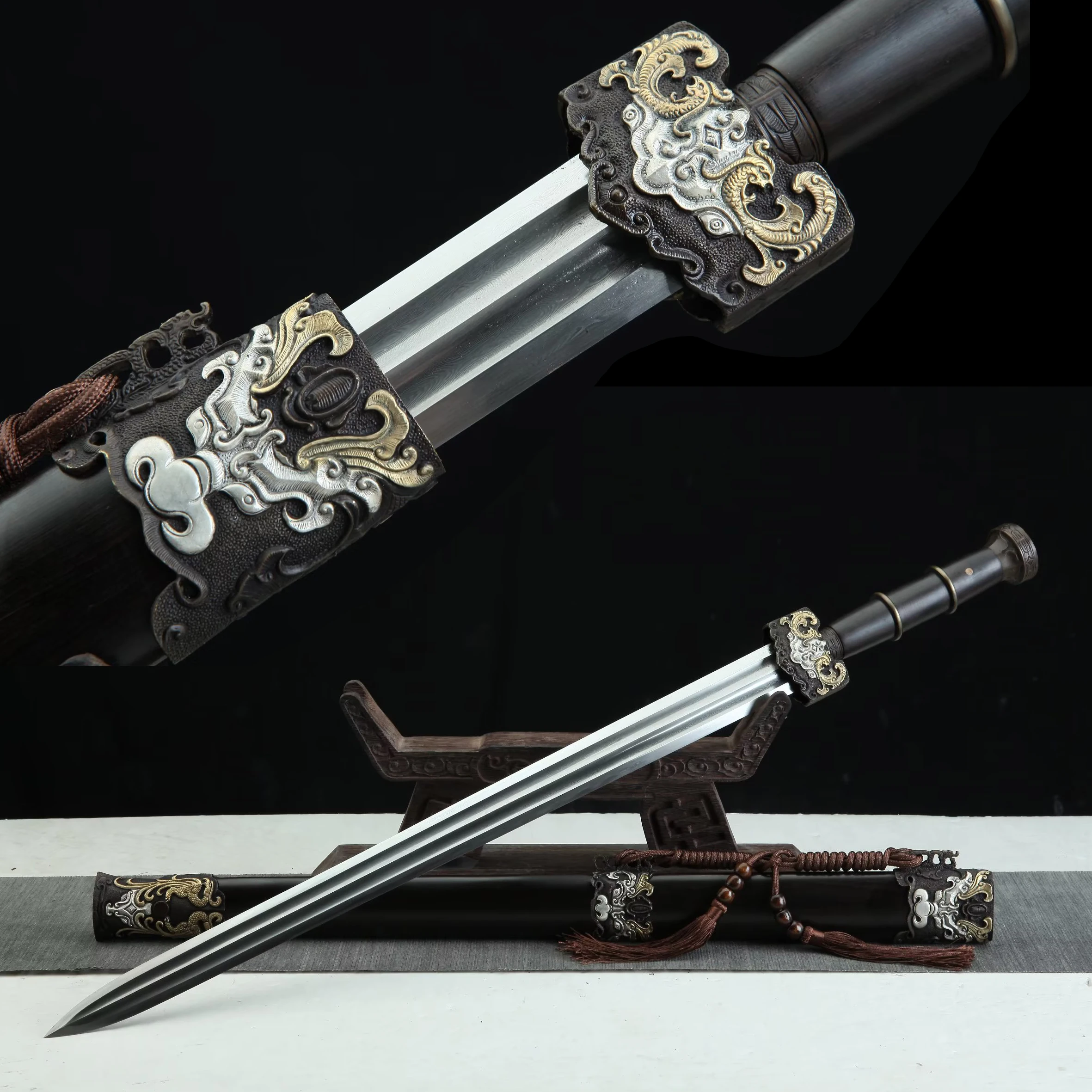 86cm Medieval Chinese King's sword gilt gold silver bronze three colors Damascus steel true steel true sword sharp weapon katana