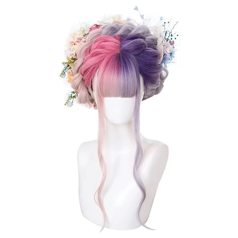 Pink And Purple Gradient Lolita Wigs Long Wave Cosplay Bangs Harajuku Hair