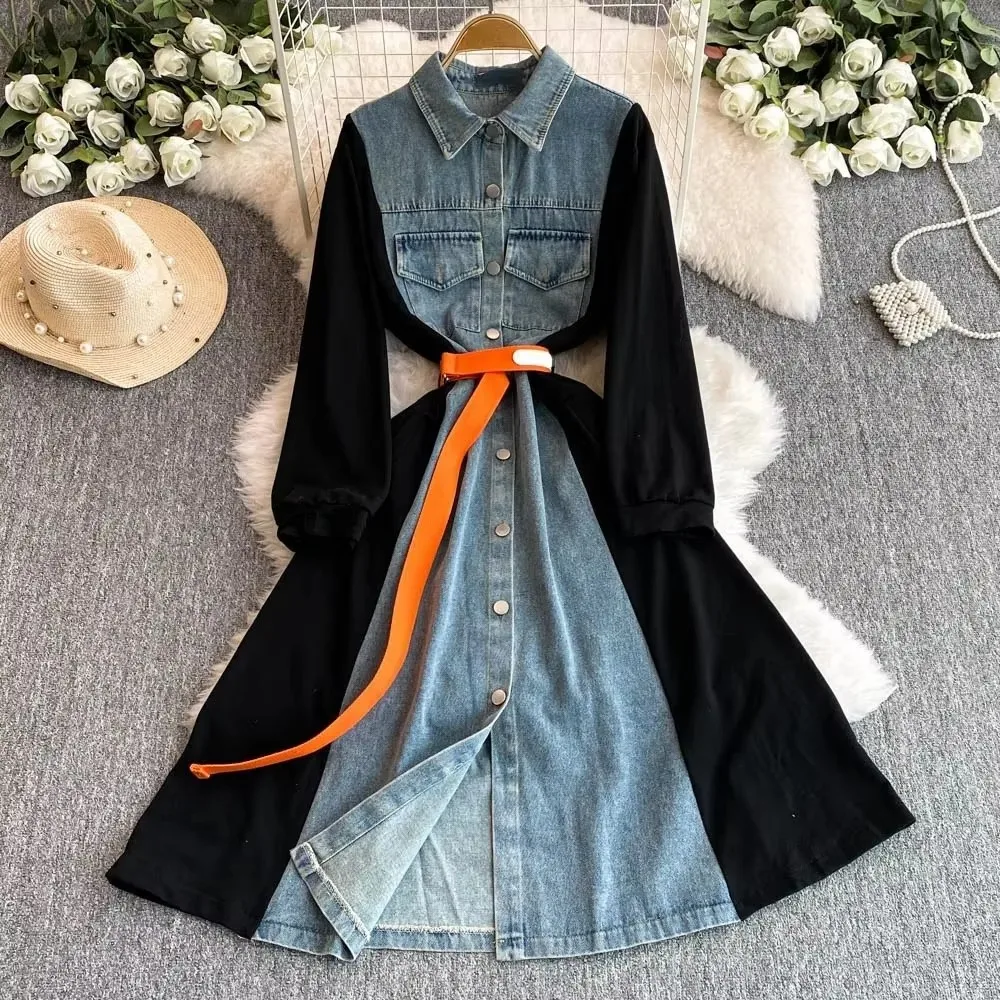 Lace Up Denim Women 2025 Vestidos Laple Neck Long Sleeve Dresses Big Swing Dress Vestido Femininos Single Breasted Clothing