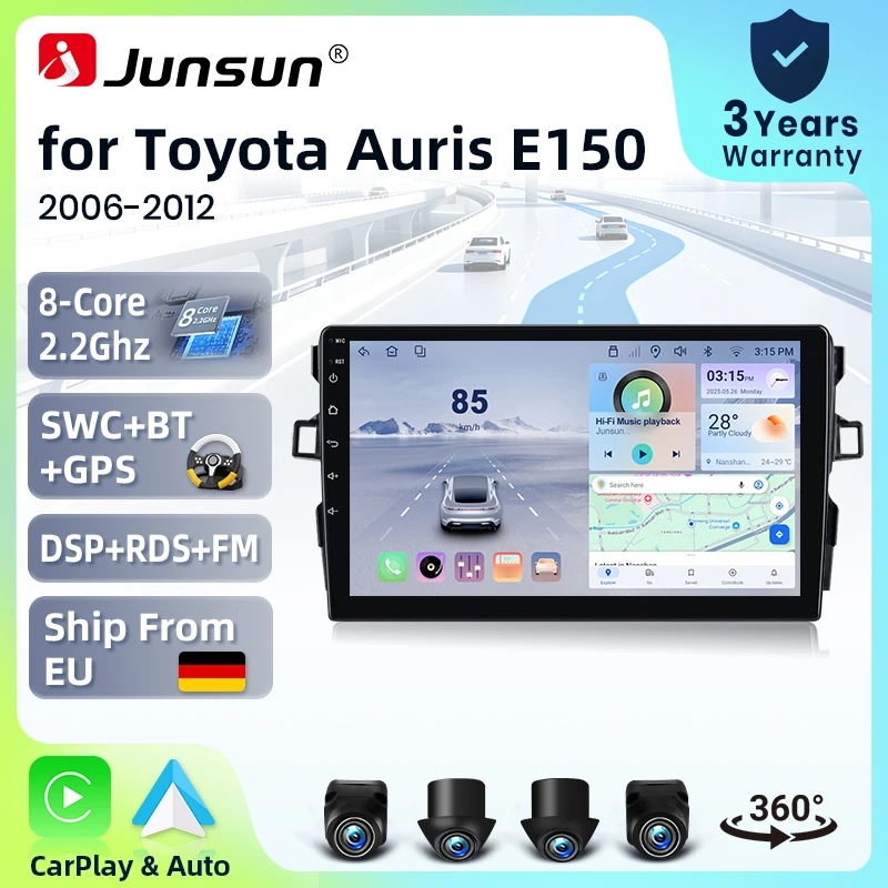 Junsun 2 Din 9" Autoradio Stéréo Systèmes Intelligents pour Toyota Auris E150 2006-2012 Android 15 CarPlay Sans Fil Auto AI Voice Écran Tactile IPS Lecteur Multimédia Intelligent GPS Navigateur Mirror Link Bluetooth Automobile FM AM DSP RDS SWC