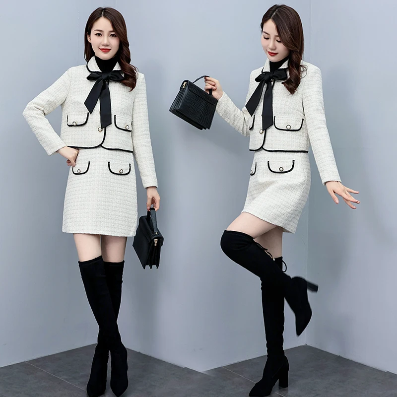 New Small Fragrance Luxury Tweet Jacket Ladies Bow Short Coat Women 2023 Autumn Winter Elegant Skirt Suits Two Piece Set Outfit