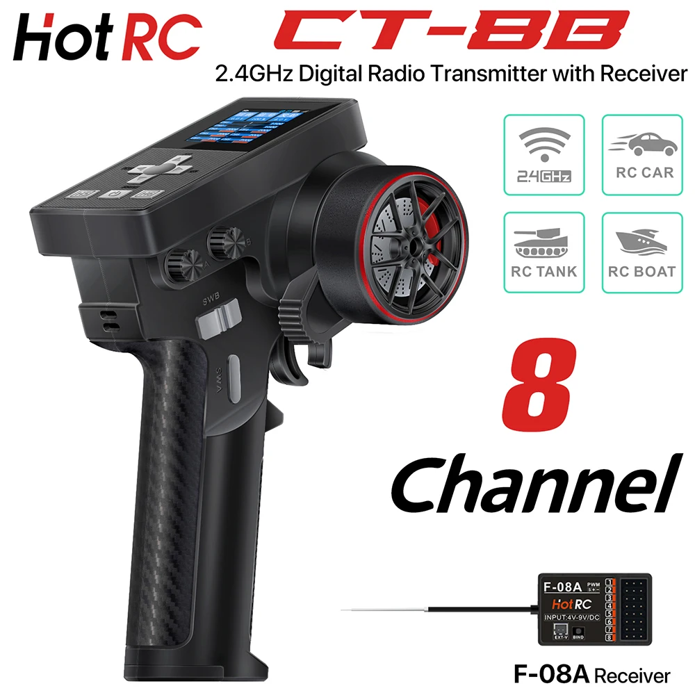 NUOVO Trasmettitore radio HotRC CT-8B 8CH 2.4GHz con ricevitore F-08A per robot barca per auto RC