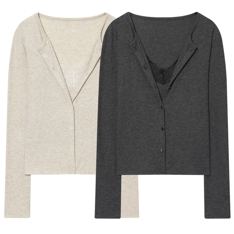 HXAO Cropped Lace Top Woman Blouses Autumn Grey Beige Shirts & Blouses Fitted Long Sleeve Button Up Shirts Korean Style Blouses