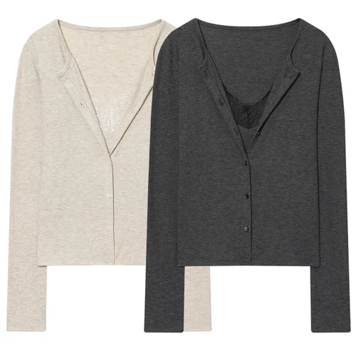 Imagen 2 del producto HXAO, blusas recortadas de encaje para mujer, camisas y blusas grises y Beige de otoño, camisas ajustadas de manga larga con botones, blusas de estilo coreano