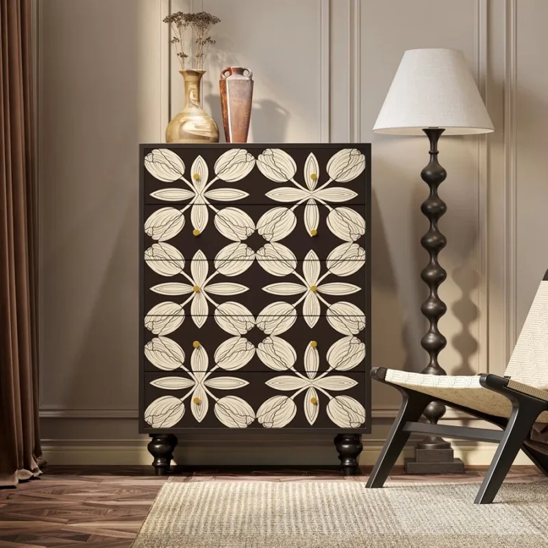 Retro modern light luxury art solid wood chest of drawers, living room is decorated against the wall