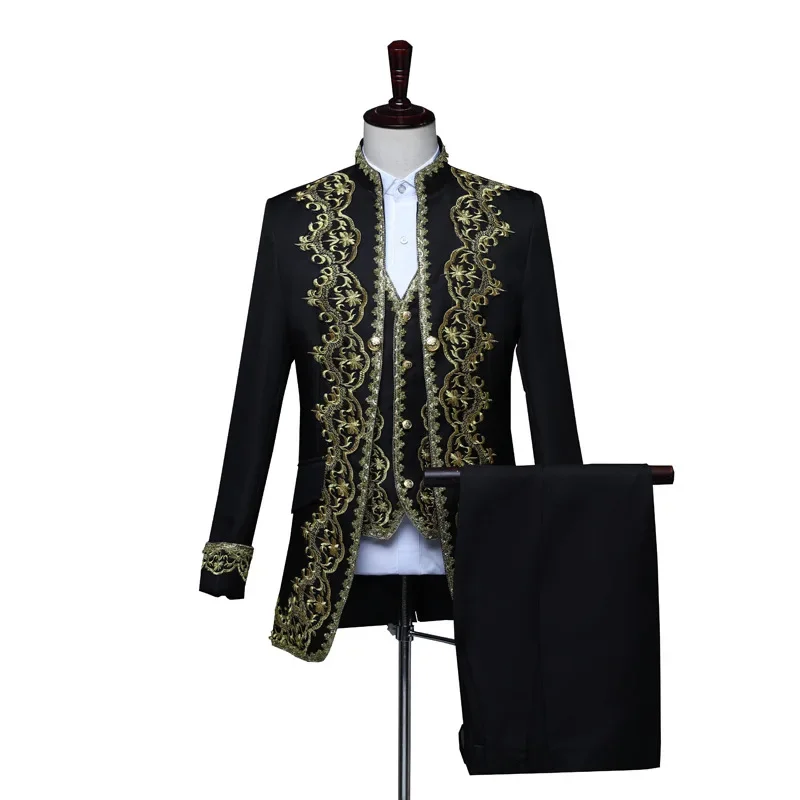 Mens 3-Piece Suit Medieval Embroidered Jacket Vest Pants Royal Court Men's Wedding Suit European Retro Court Dress Costumes 4XL