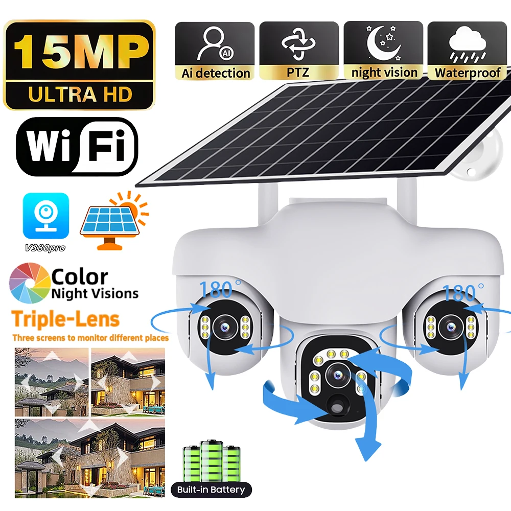 V380PRO Three PTZ Lens WiFi Solar Camera HD 15MP Outdoor Waterproof CCTV Night Vision TwoWay Audio Camera Mobile Tracking IP Cam