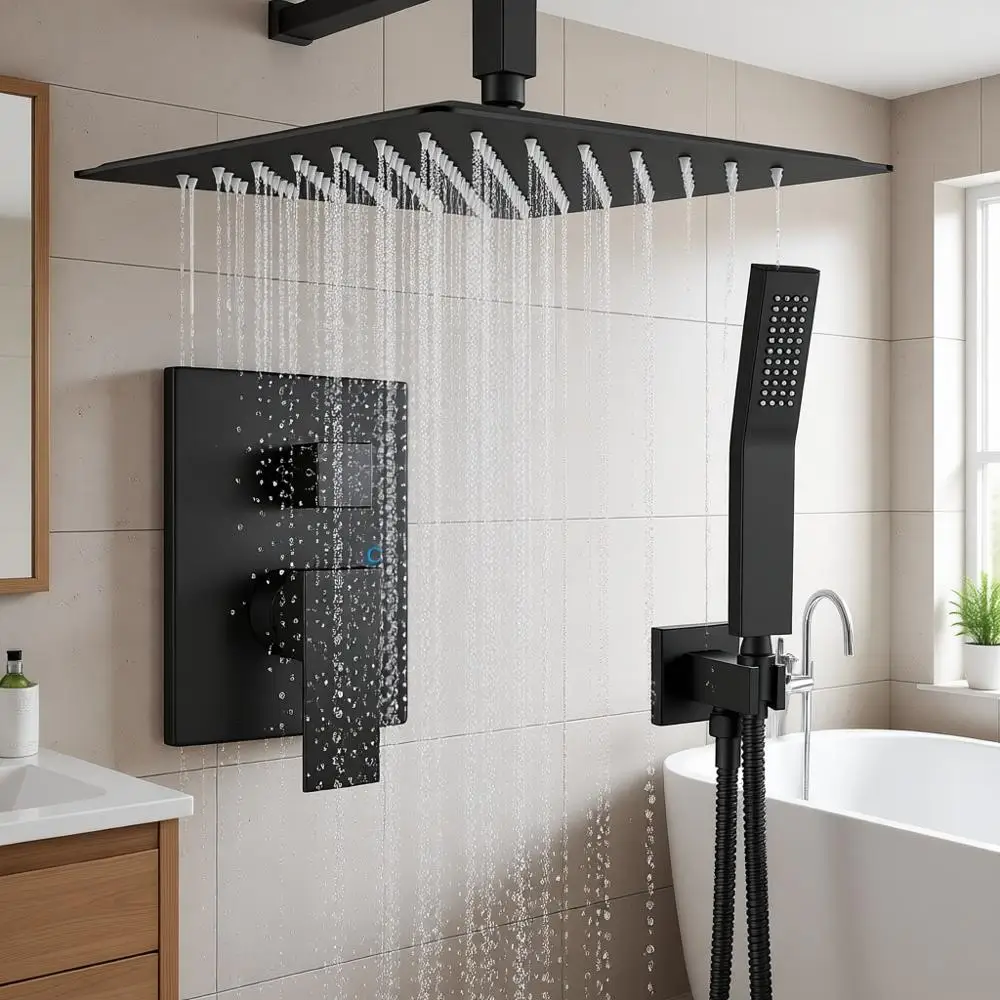 

Ceiling Mount Shower System Bathroom Shower Set Rain Shower with Handheld Spray Combo High Pure Shower Trim Kit 12 inch Matte Bl