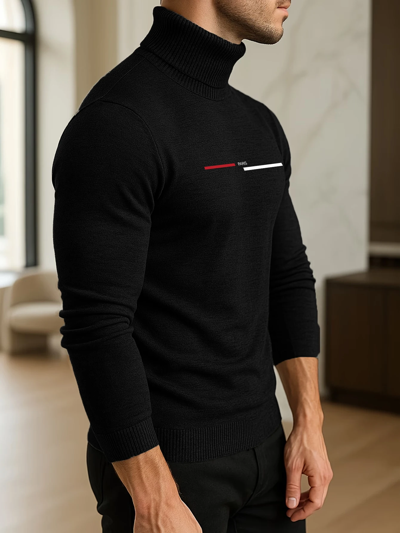 Herren Slim Fit Rollkragenpullover, Minimalistischer Paris-Linien-Brustdruck, Warmer Langarm-Pullover für Herbst und Winter, Business-Casual-Jumper – Detail 5