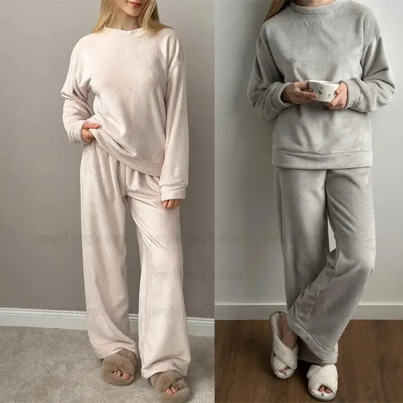 

Новинка осени 2025 года, одежда для сна, топ с длинными рукавами, брюки с эластичной резинкой на талии, теплая фланелевая ночная рубашка, комплект из 2 предметов, домашняя одежда, одежда для дома