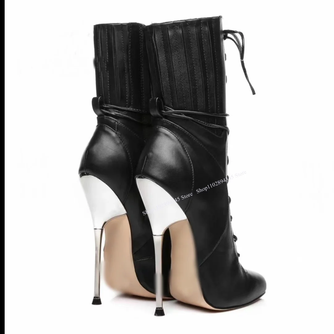 Sepatu Bot Ritsleting Pertengahan Betis Berenda Hitam Hak Tinggi Tipis Sepatu Wanita Ukuran Besar Musim Dingin 2025 Keren Seksi Modis Zapatillas Mujer