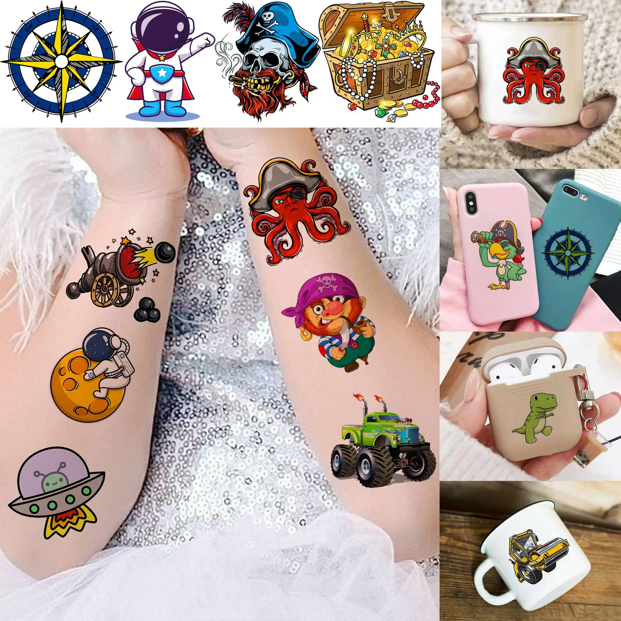 Tatuajes temporales de dibujos animados 3D para niños y adultos, tatuajes falsos para fiesta, dinosaurio, Pirata espacial, construcción, coche,