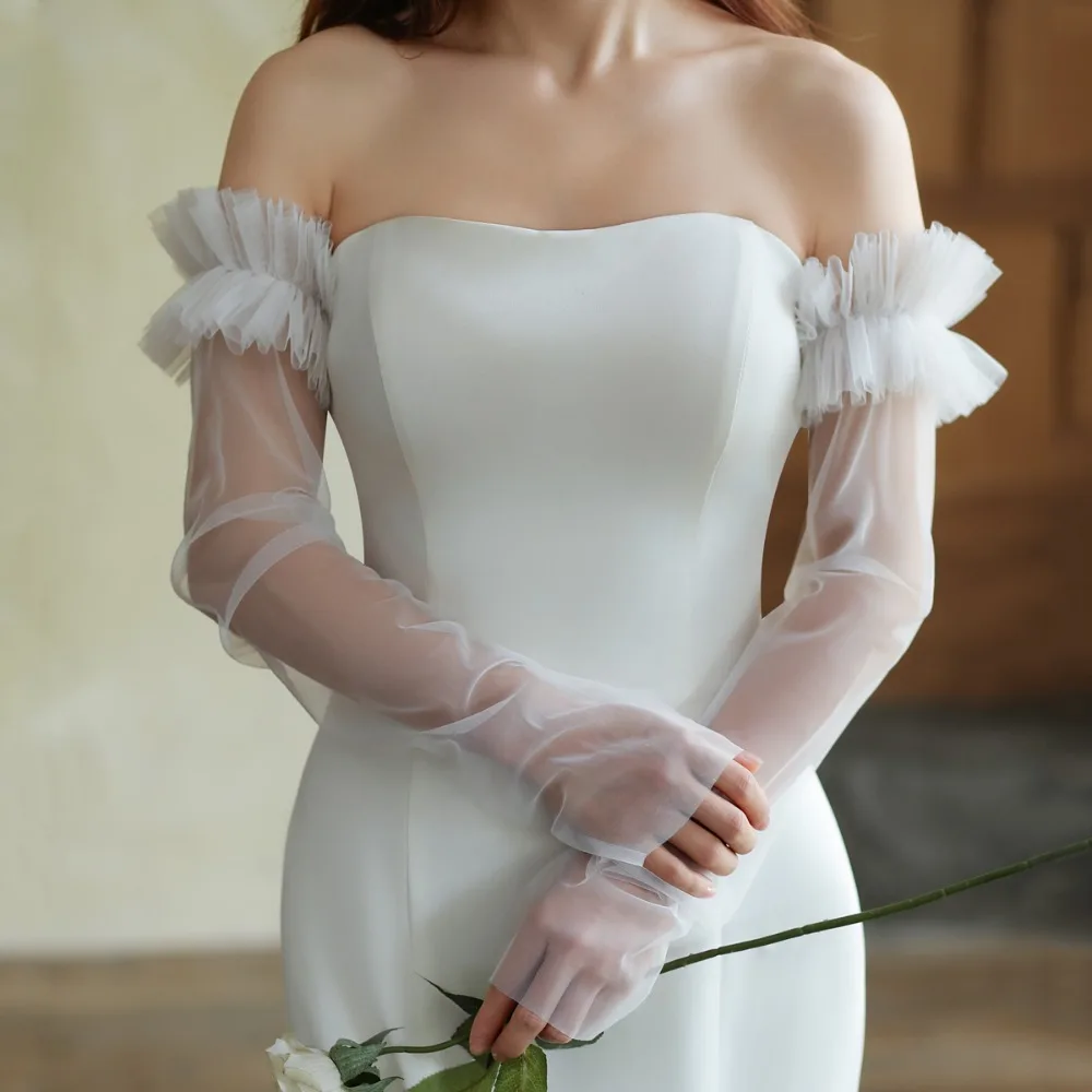 Korean Style Bridal Arm Sleeves Solid Color Yarn Wedding Long Sleeves Lightweight Gauze Pleated Lace Arm Covers Wedding