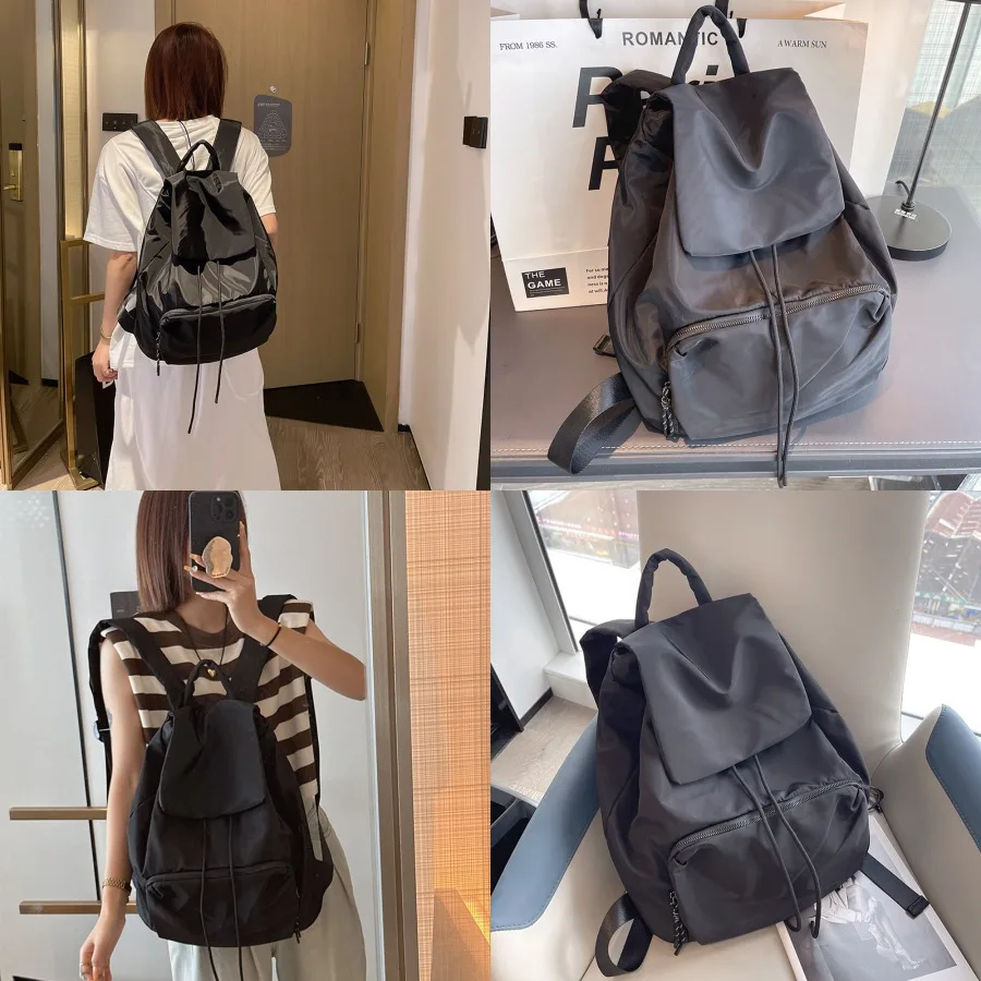 

【New Arrival】Women's Black Shiny Drawstring Backpack, Lightweight Waterproof Nylon Rucksack, Casual Daypack for Daily & Travel Use