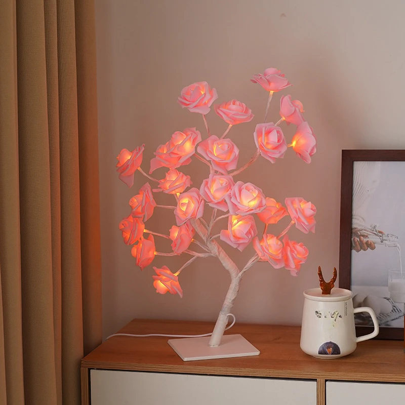 Rose Tree Table Lamp Multicolor Pink Night Light USB Powered Lighting for Girls Party Camping Summer Valentine's Day Decor