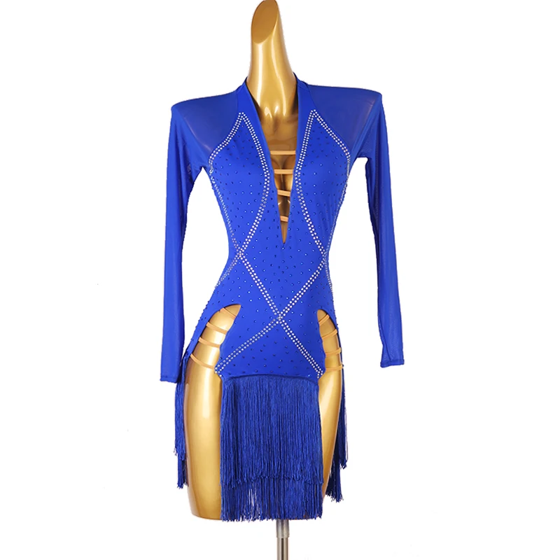 Adult Latin Competition Dance Skirt Blue Elegant Rumba Samba Tassel Dancing Dress Women Long Sleeve Standard Latin Skirt