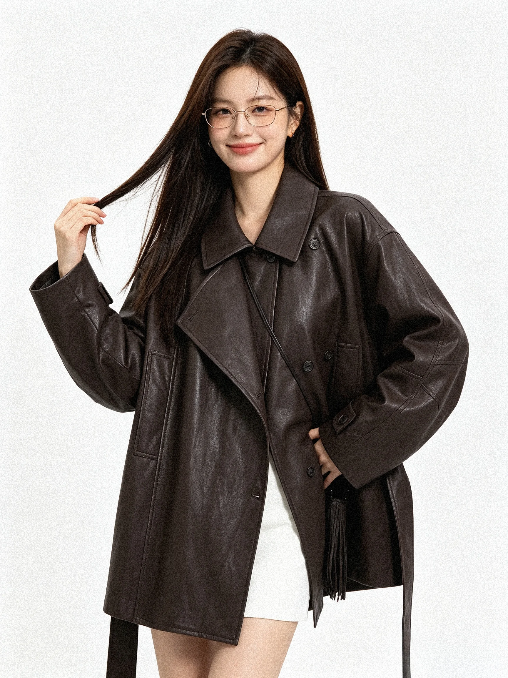 Loose Korean Style PU Leather Jacket Turn-down Collar Retro Coat Outerwear Large Size Fashionable Standard Fit Youthwear
