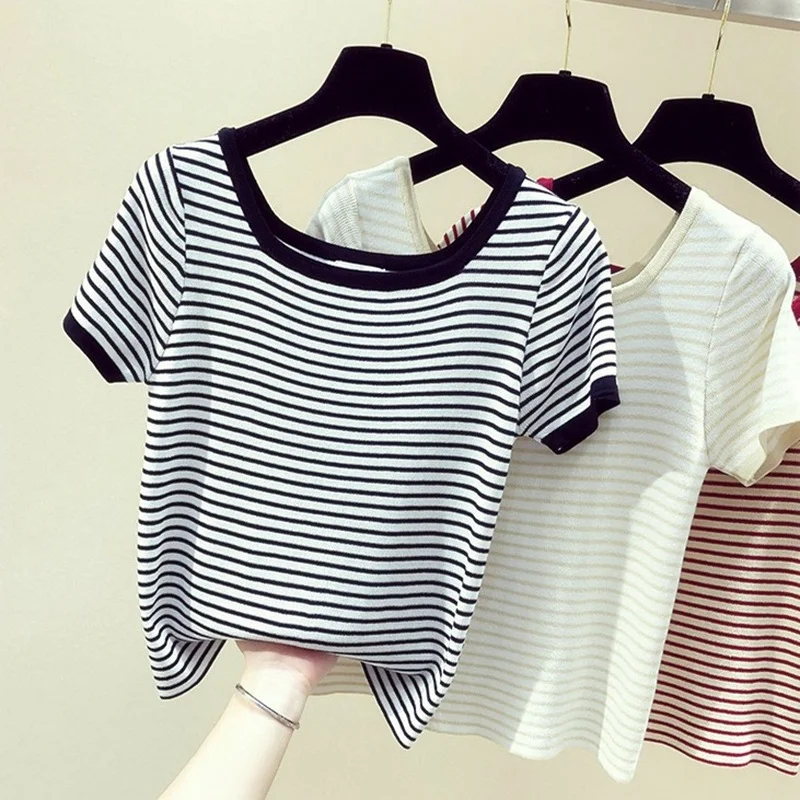 Women's Striped Knitted T-Shirt, Slim, Square Collar, Short-Sleeved, Female Pulls Tops, Summer Tees, New