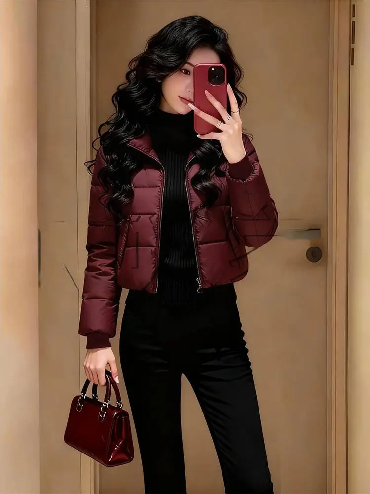 

Faionable Winter ort Cotton Jaet Warmth Luxury Versatile Wine Red Sle Commute Korean Version Thiened Polyester Filling