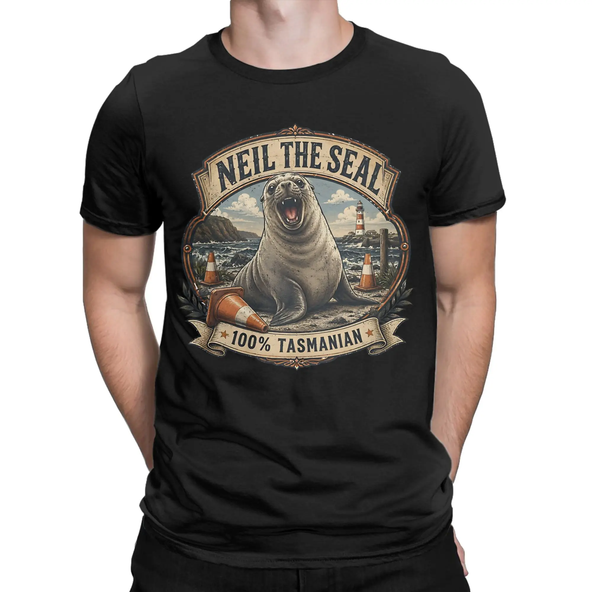 Vintage Tasmanian Neil The Seal Badge T-Shirt Summer  100% Cotton T Shirts For Male Casual Tshirt Short Sleeve Vintage Top Tees
