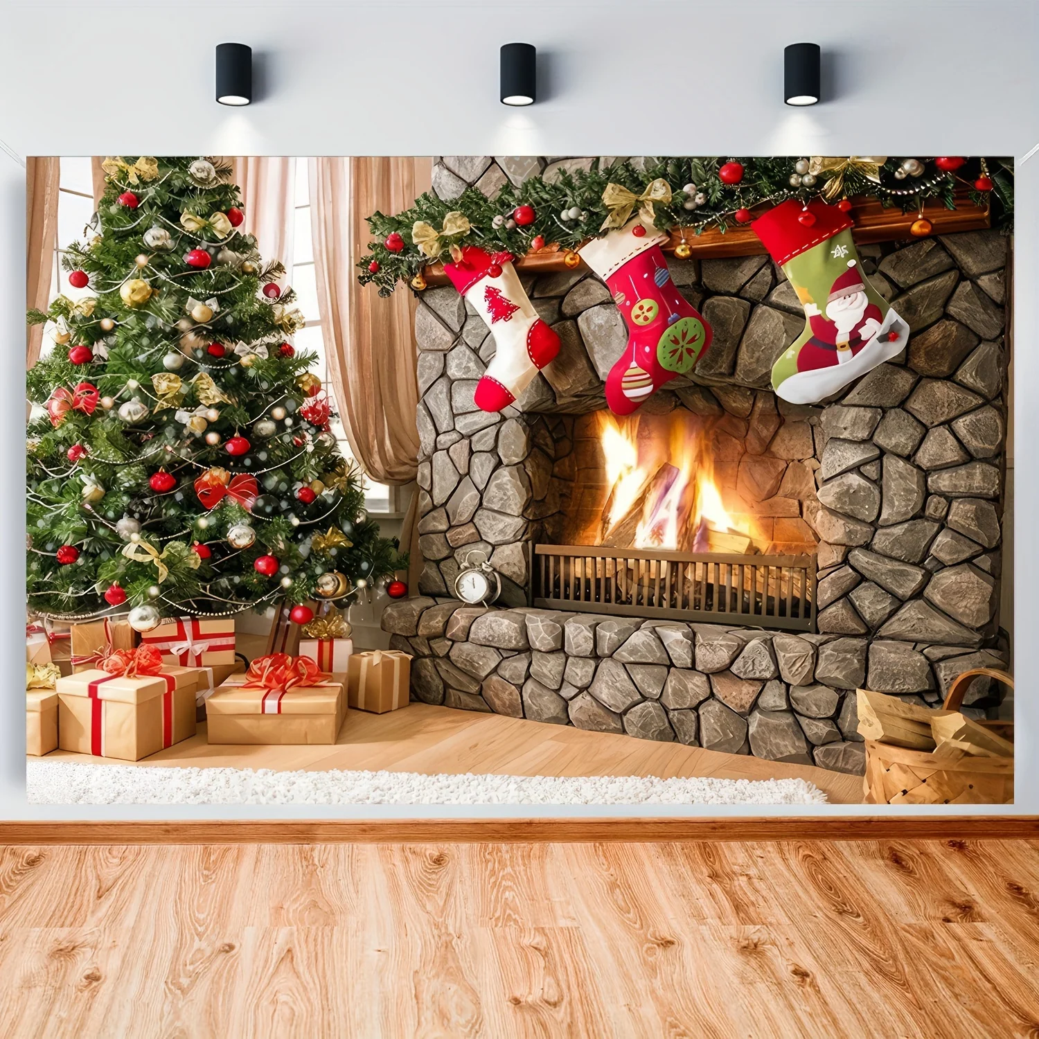 150 * 100cm Christmas tree fireplace gift box Christmas socks themed party decoration background wall