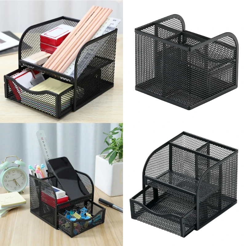 

Metal Mesh Desk Organisers and Pen Holder with Sliding Drawer and 3 Compartments