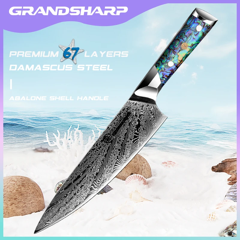 

Grandsharp 8 Inch Damascus Kitchen Knife Japanese Stainless Steel Butcher Chef Knife Meat Cleaver Salmon Sashimi Knives Cutlery